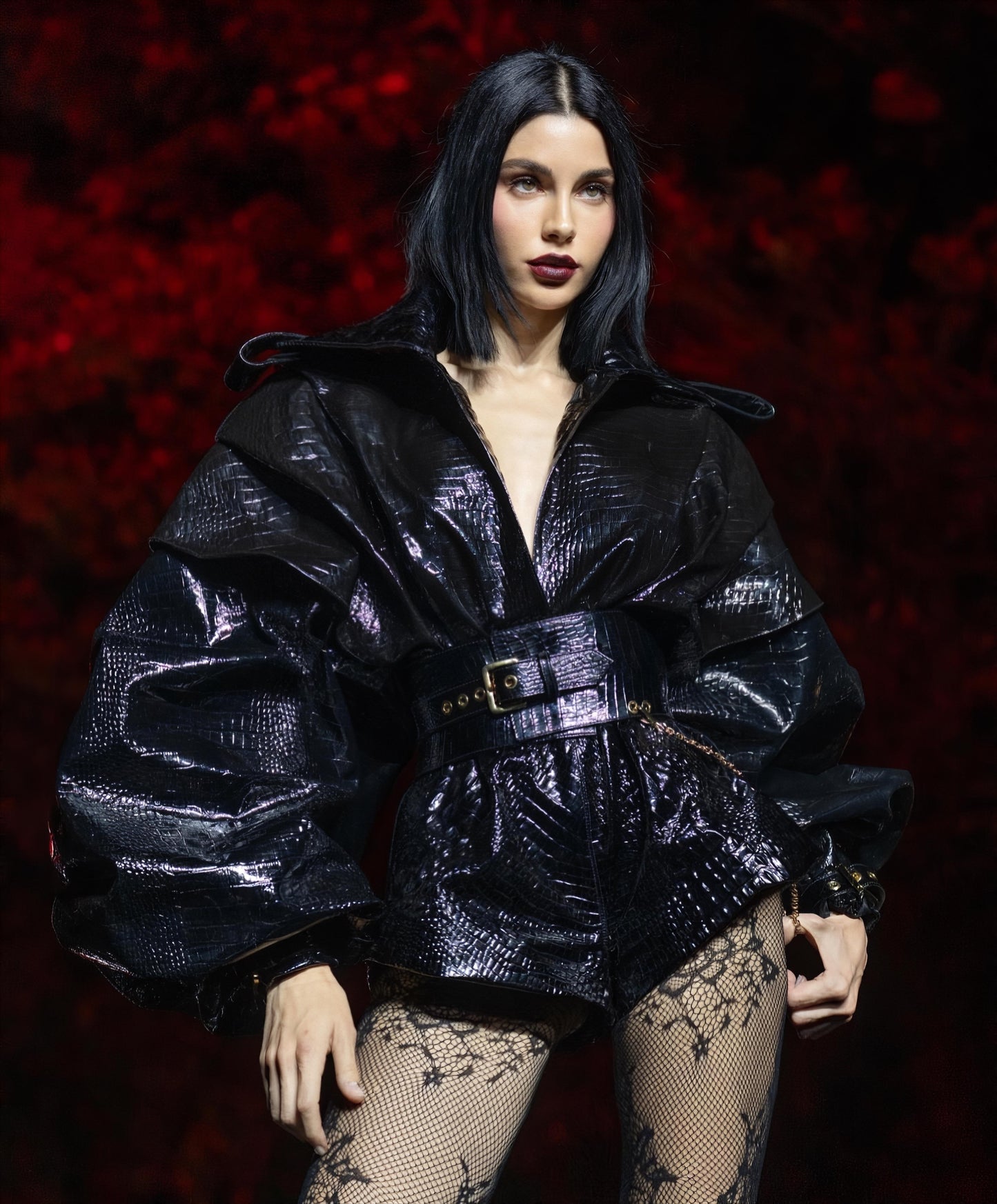 Tuta Corta in Pelle con Maniche Ampie e Cinta Bustier