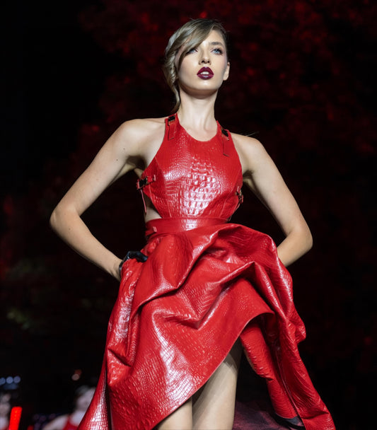 Abito Rosso da Sera per Evento in Pelle con Stampa Alligatore