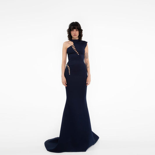 Abito blu lungo a sirena monospalla Antonio Martino Couture