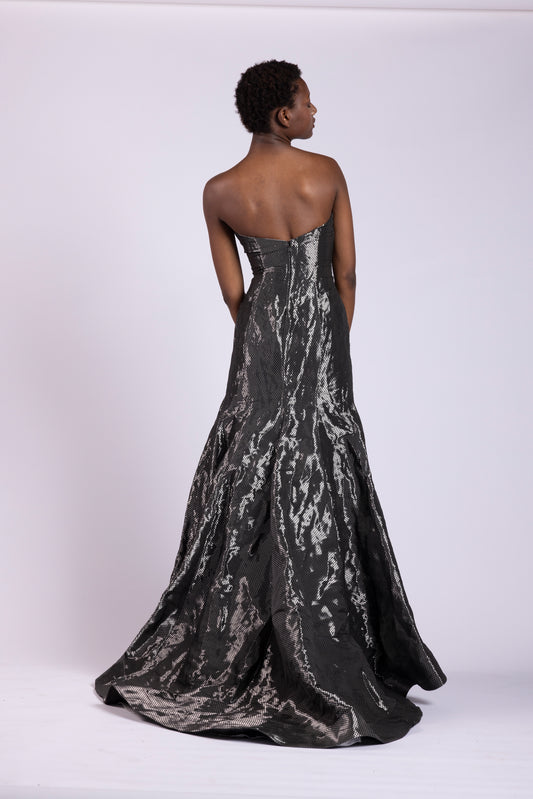 Abito da sera donna su misura lungo in tessuto acciaio effetto cangiante argento