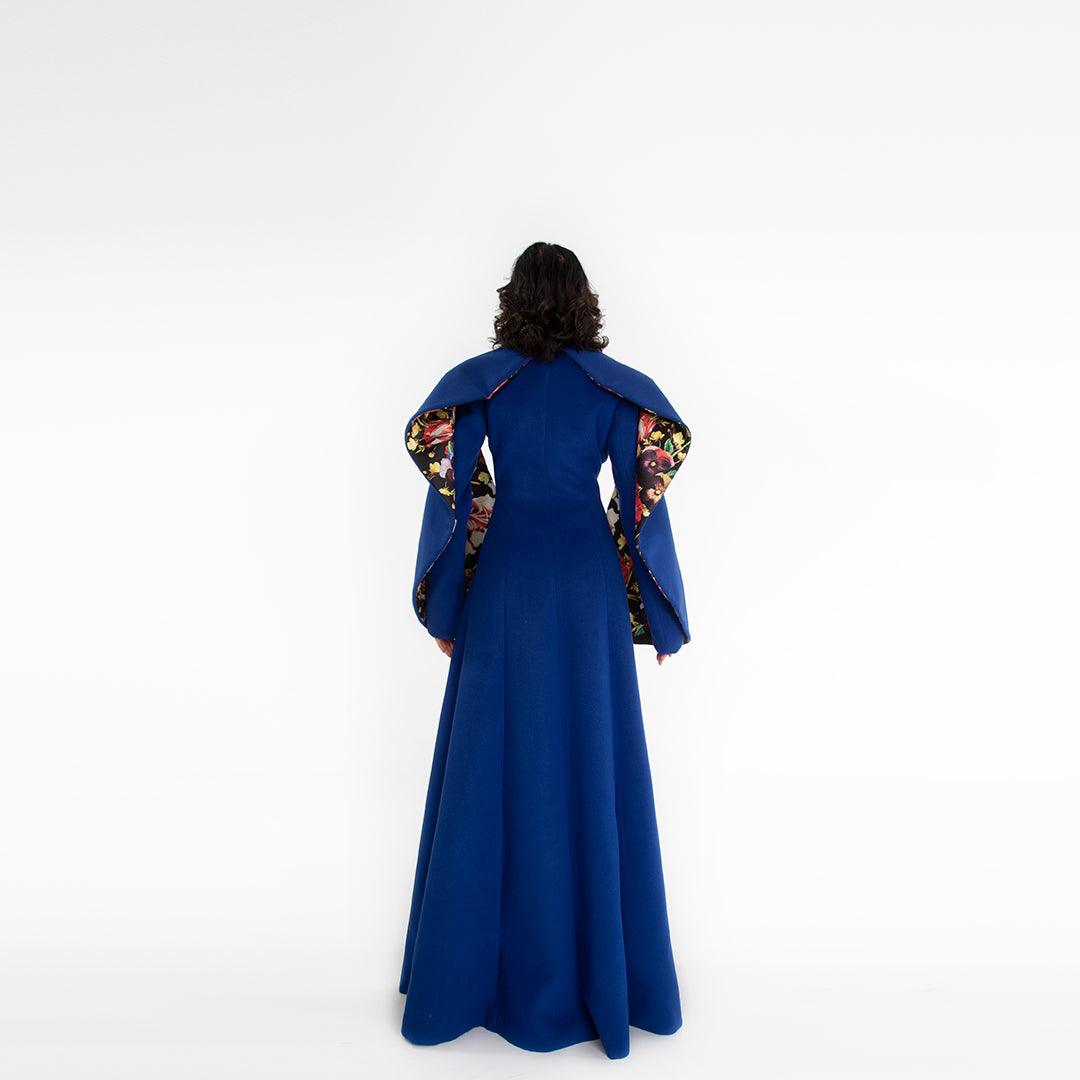 Cappotto in Lana Blu Lungo e Tessuto Interno Stampato a Fiori Antonio Martino Couture