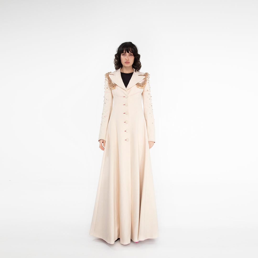 Cappotto Lungo in cachemire color Panna con Spalline ricamate in Swarovski Antonio Martino Couture