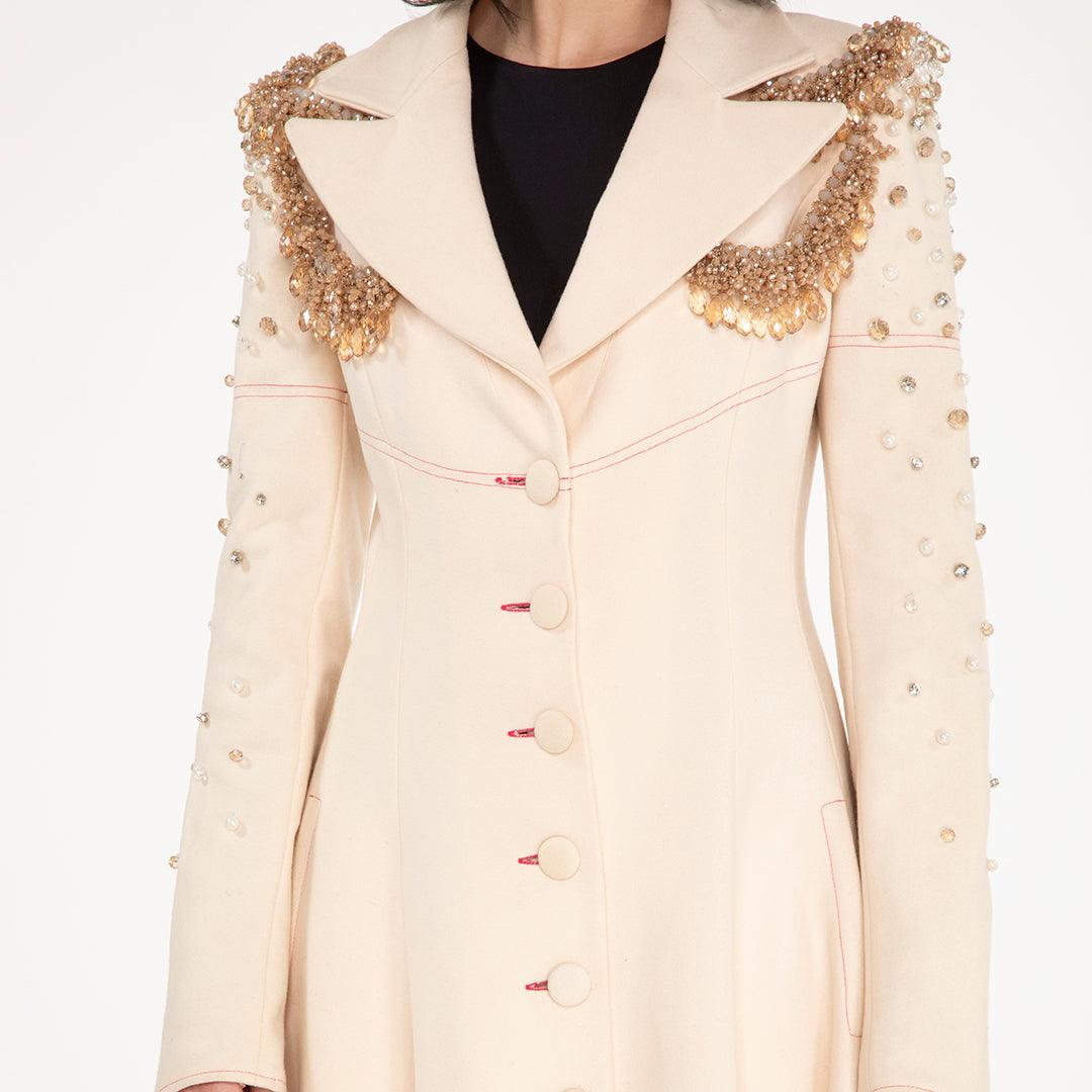 Cappotto Lungo in cachemire color Panna con Spalline ricamate in Swarovski Antonio Martino Couture