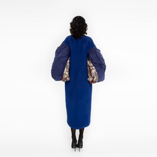 Cappotto Kimono Midi in Lana Blu e Tessuto Stampato a Fiori Antonio Martino Couture