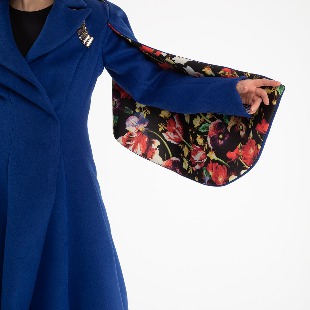 Cappotto Donna su Misura in Lana Blu Lungo e Tessuto Interno Stampato a Fiori Autunno Inverno