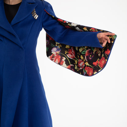 Cappotto Donna su Misura in Lana Blu Lungo e Tessuto Interno Stampato a Fiori Autunno Inverno