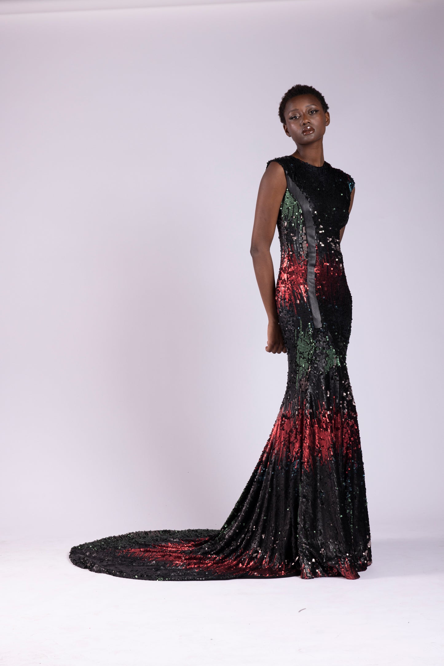 abiti da cerimonia lungo a sirena in paillettes cangiante con dettagli raso seta sexy autunno inverno