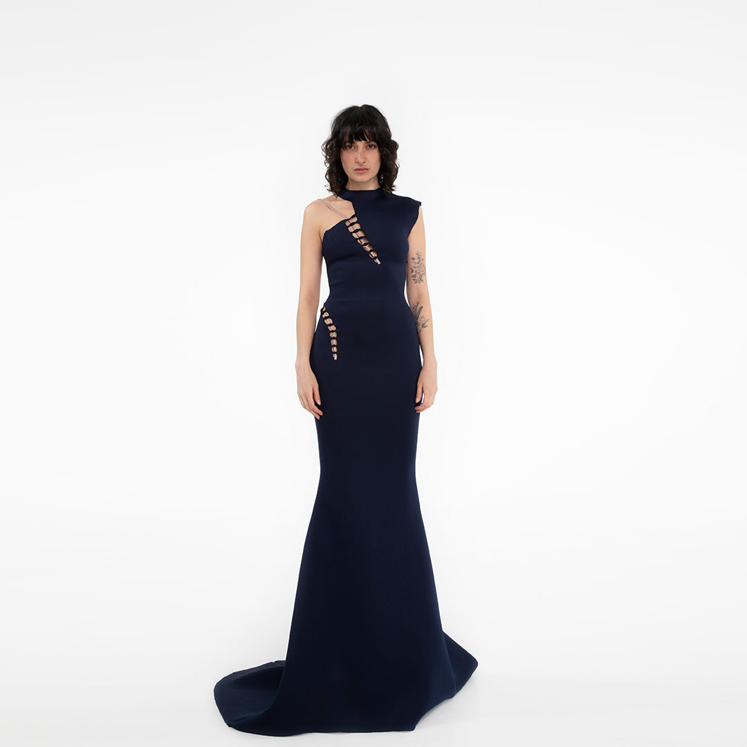 abito da cerimonia donna abito monospalla a sirena nero in scuba crepe con dettagli nude