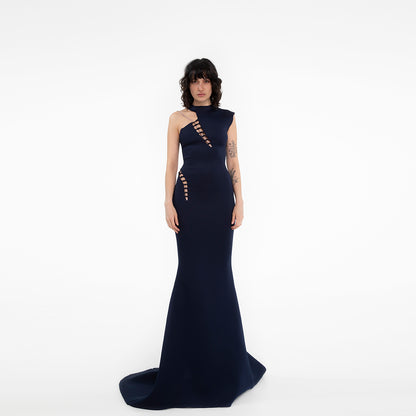abito da cerimonia donna abito monospalla a sirena nero in scuba crepe con dettagli nude