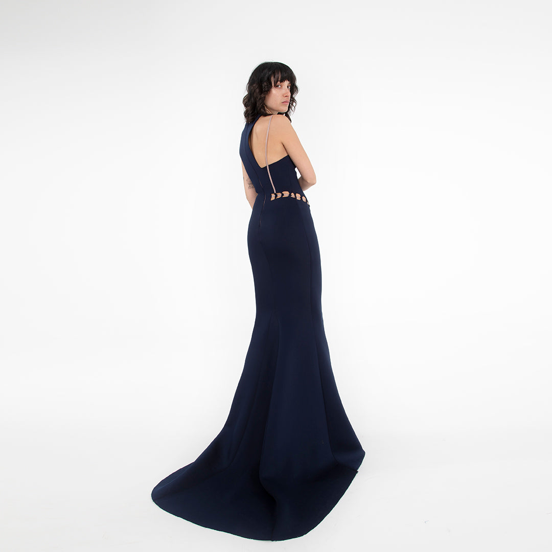 abito da cerimonia donna abito monospalla a sirena nero in scuba crepe con dettagli nude