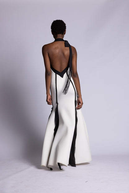 abito da sera donna a sirena bianco in scuba crepe con dettagli in raso Nero e georgette nera