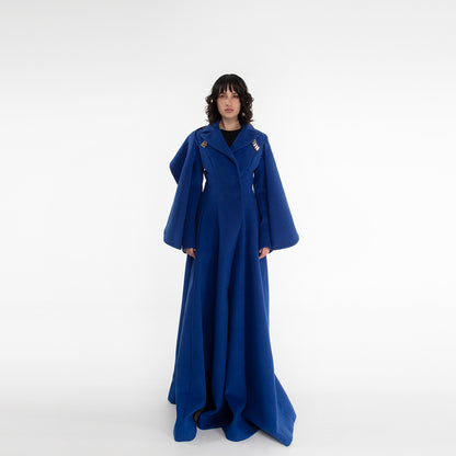 Cappotto Donna su Misura in Lana Blu Lungo e Tessuto Interno Stampato a Fiori Autunno Inverno