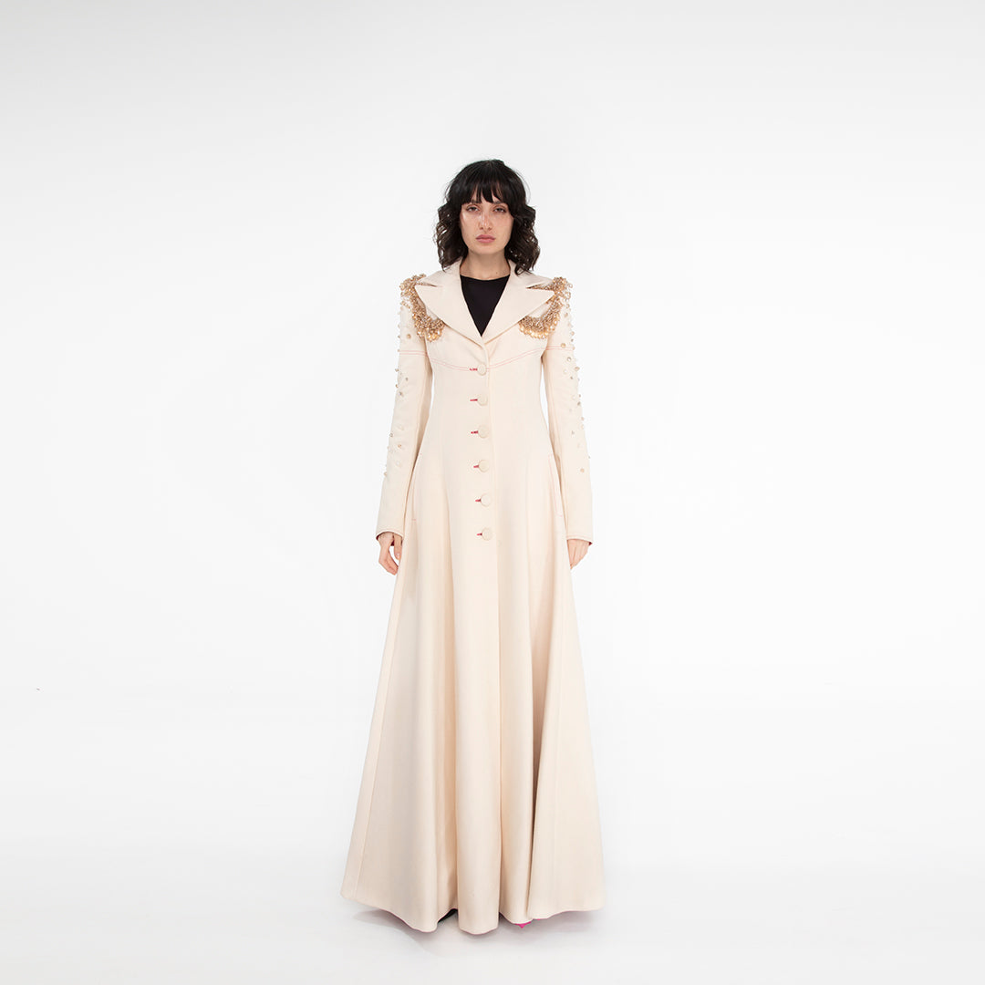 Cappotto Donna su Misura in Lana Panna Lungo con Spalline Ricamate in Cristallo Swarovski