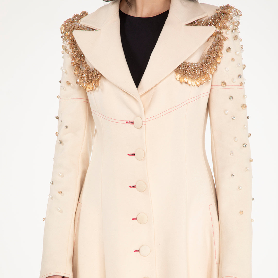 Cappotto Donna su Misura in Lana Panna Lungo con Spalline Ricamate in Cristallo Swarovski