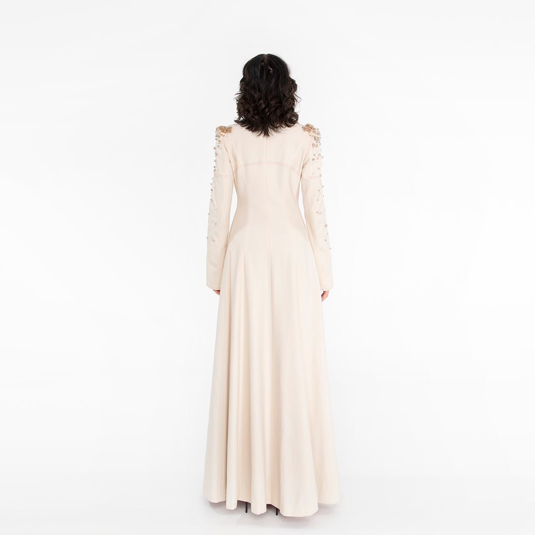 Cappotto Donna su Misura in Lana Panna Lungo con Spalline Ricamate in Cristallo Swarovski