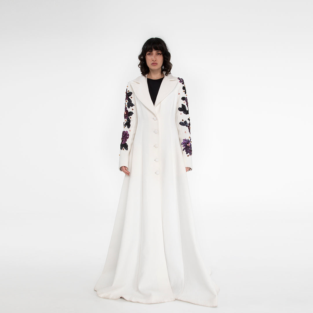Cappotto Redingote in Lana Bianca con Dettagli Ricamati Autunno Inverno
