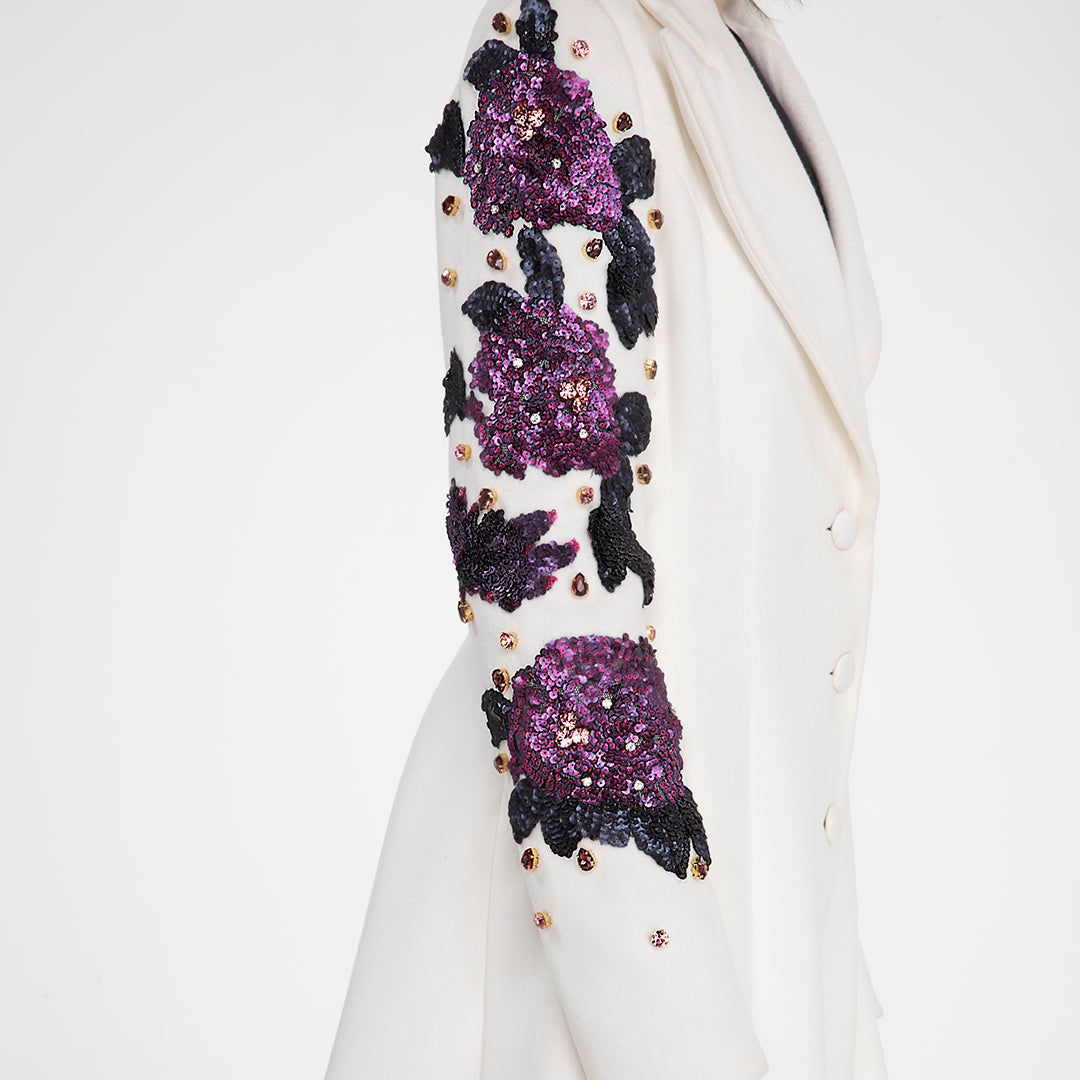 Cappotto Redingote in Lana Bianca con Dettagli Ricamati Autunno Inverno