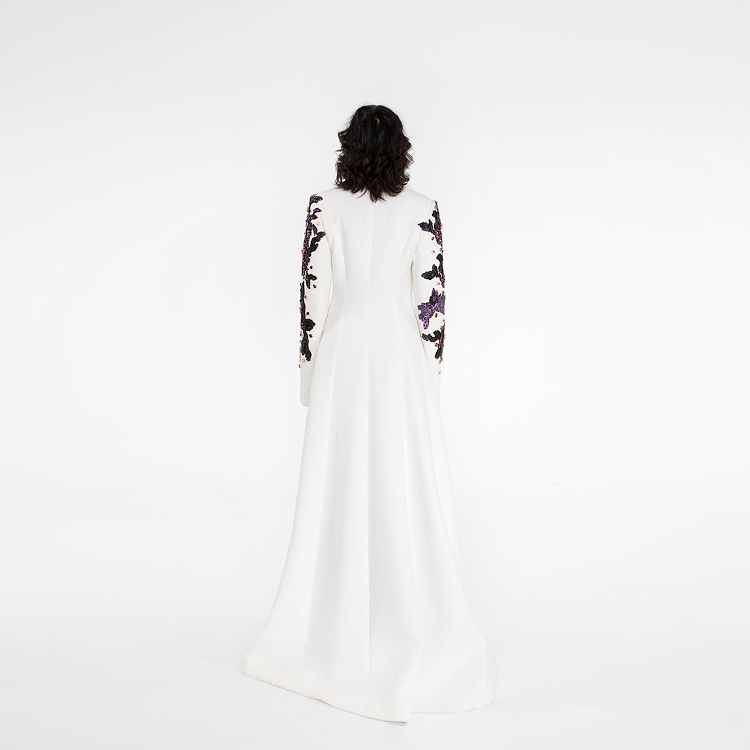 Cappotto Redingote in Lana Bianca con Dettagli Ricamati Autunno Inverno